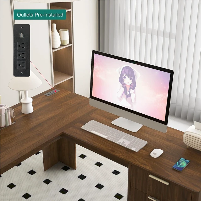 Alt view image 4 of 7 - 60 Inch L Shaped Computer Desk with USB Charging Ports and Storage Drawer Cabinets, Modern Wood Corner Writing Desk for Home Office Workstation, Dark Walnut