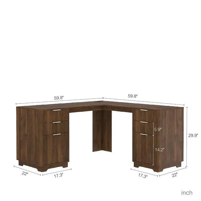 Alt view image 2 of 7 - 60 Inch L Shaped Computer Desk with USB Charging Ports and Storage Drawer Cabinets, Modern Wood Corner Writing Desk for Home Office Workstation, Dark Walnut