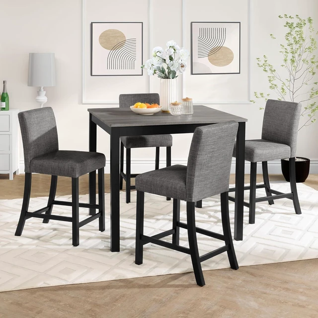 Alt view image 2 of 6 - Counter Height Dining Table Set with Chairs for 4, Wood 5 Piece Kitchen Table Set for Small Space, Square Table and Upholstered Chairs, Light Grey+Black, 39X39X29.8INCH