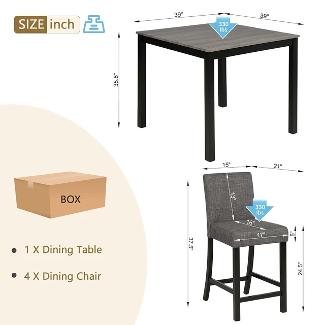 Alt view image 3 of 6 - Counter Height Dining Table Set with Chairs for 4, Wood 5 Piece Kitchen Table Set for Small Space, Square Table and Upholstered Chairs, Light Grey+Black, 39X39X29.8INCH
