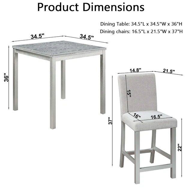 Alt view image 3 of 7 - Counter Height Dining Table Set with Chairs for 4, Wood 5 Piece Kitchen Table Set for Small Space, Square Table and Upholstered Chairs, Silver Grey, 34.5X34.5X36INCH