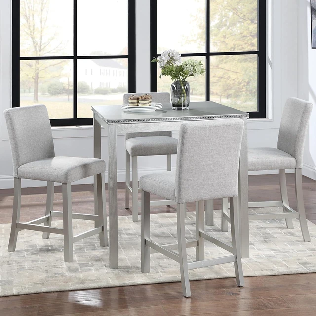 Alt view image 2 of 7 - Counter Height Dining Table Set with Chairs for 4, Wood 5 Piece Kitchen Table Set for Small Space, Square Table and Upholstered Chairs, Silver Grey, 34.5X34.5X36INCH