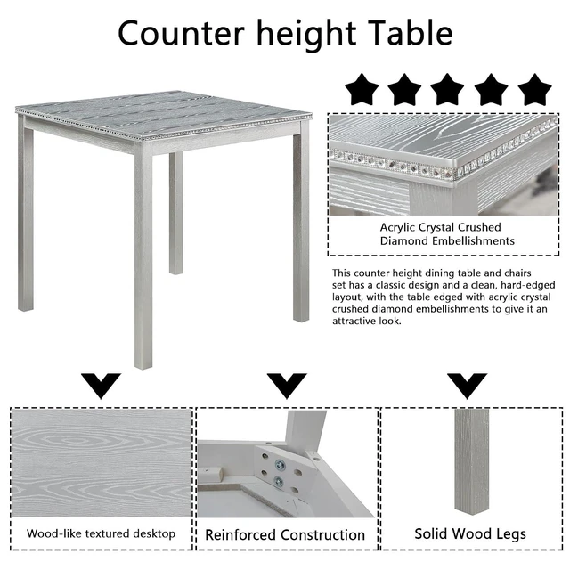 Alt view image 4 of 7 - Counter Height Dining Table Set with Chairs for 4, Wood 5 Piece Kitchen Table Set for Small Space, Square Table and Upholstered Chairs, Silver Grey, 34.5X34.5X36INCH