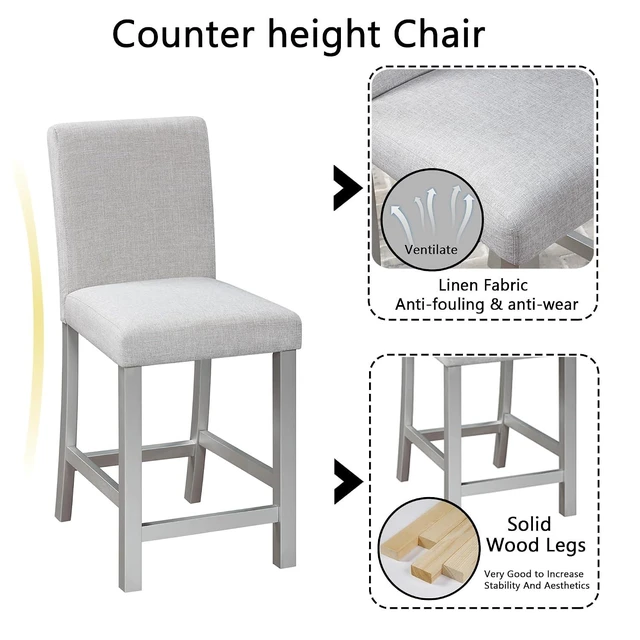 Alt view image 5 of 7 - Counter Height Dining Table Set with Chairs for 4, Wood 5 Piece Kitchen Table Set for Small Space, Square Table and Upholstered Chairs, Silver Grey, 34.5X34.5X36INCH