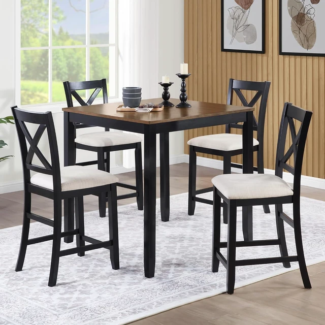 Main image of Counter Height Dining Table Set with Chairs for 4, Wood 5 Piece Kitchen Table Set for Small Space, Square Table and Upholstered Chairs, Grey+Black, 34.5X34.5X36INCH