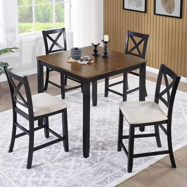 Alt view image 2 of 7 - Counter Height Dining Table Set with Chairs for 4, Wood 5 Piece Kitchen Table Set for Small Space, Square Table and Upholstered Chairs, Grey+Black, 34.5X34.5X36INCH