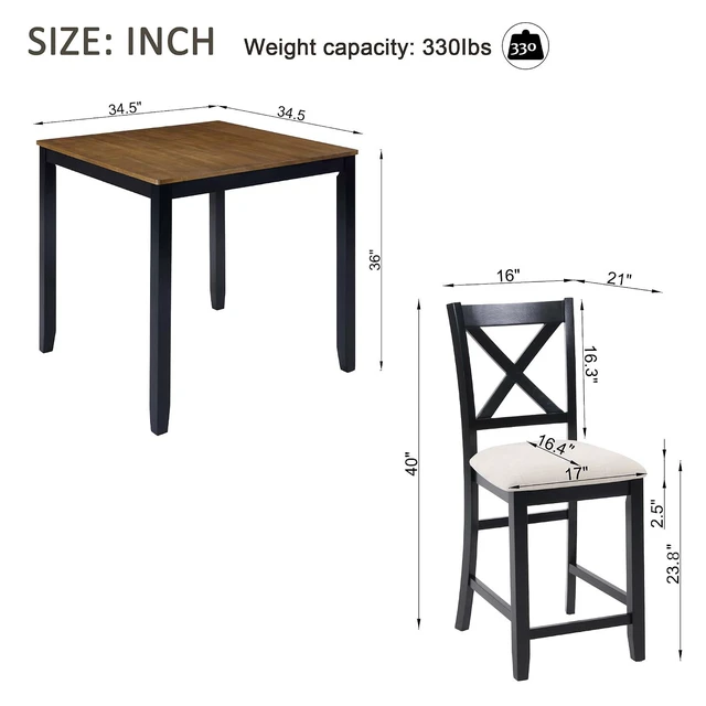 Alt view image 3 of 7 - Counter Height Dining Table Set with Chairs for 4, Wood 5 Piece Kitchen Table Set for Small Space, Square Table and Upholstered Chairs, Grey+Black, 34.5X34.5X36INCH