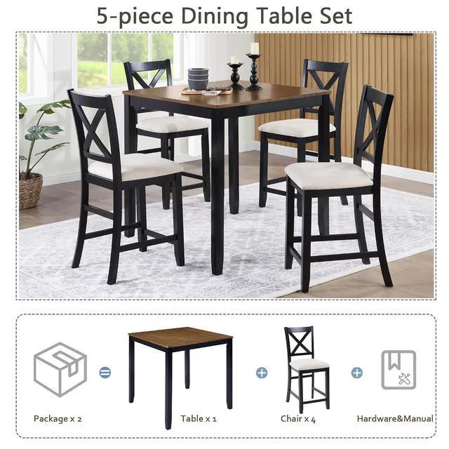 Alt view image 4 of 7 - Counter Height Dining Table Set with Chairs for 4, Wood 5 Piece Kitchen Table Set for Small Space, Square Table and Upholstered Chairs, Grey+Black, 34.5X34.5X36INCH