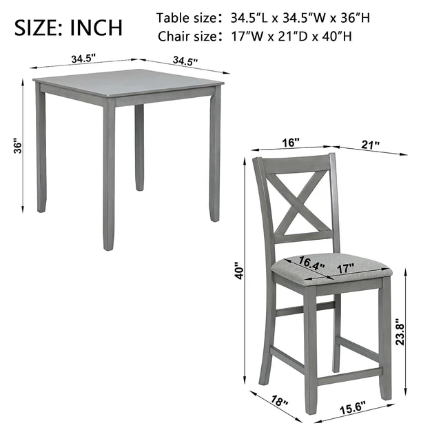 Alt view image 3 of 6 - Counter Height Dining Table Set with Chairs for 4, Wood 5 Piece Kitchen Table Set for Small Space, Square Table and Upholstered Chairs, DeepGray, 34.5X34.5X36INCH