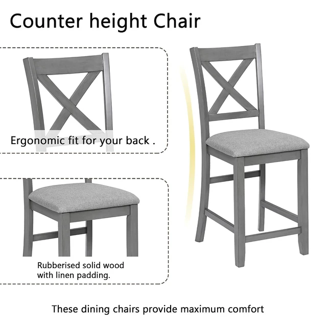 Alt view image 5 of 6 - Counter Height Dining Table Set with Chairs for 4, Wood 5 Piece Kitchen Table Set for Small Space, Square Table and Upholstered Chairs, DeepGray, 34.5X34.5X36INCH