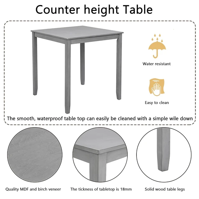 Alt view image 4 of 6 - Counter Height Dining Table Set with Chairs for 4, Wood 5 Piece Kitchen Table Set for Small Space, Square Table and Upholstered Chairs, DeepGray, 34.5X34.5X36INCH