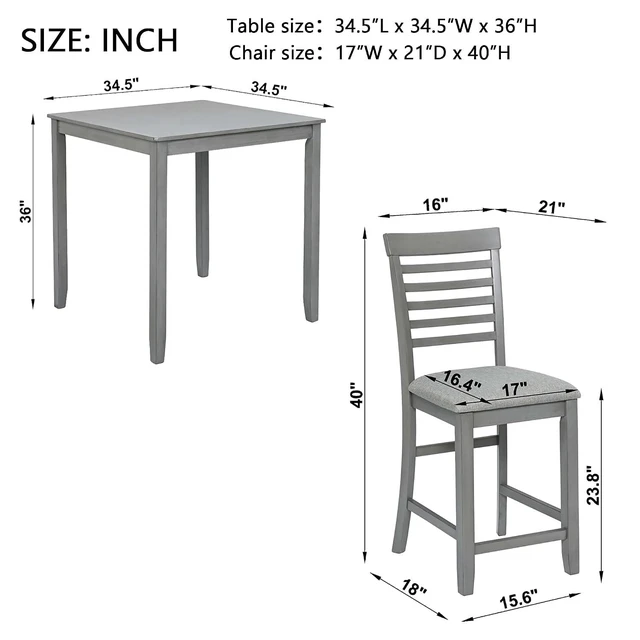 Alt view image 3 of 6 - Counter Height Dining Table Set with Chairs for 4, Wood 5 Piece Kitchen Table Set for Small Space, Square Table and Upholstered Chairs, Gray+Gray, 34.5X34.5X36INCH