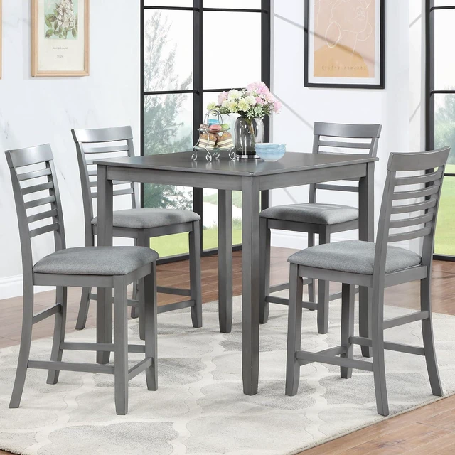 Main image of Counter Height Dining Table Set with Chairs for 4, Wood 5 Piece Kitchen Table Set for Small Space, Square Table and Upholstered Chairs, Gray+Gray, 34.5X34.5X36INCH