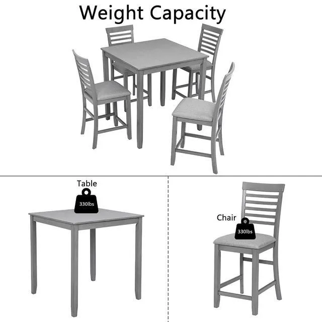 Alt view image 5 of 6 - Counter Height Dining Table Set with Chairs for 4, Wood 5 Piece Kitchen Table Set for Small Space, Square Table and Upholstered Chairs, Gray+Gray, 34.5X34.5X36INCH