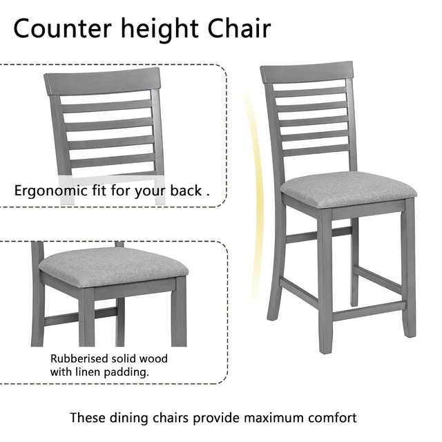 Alt view image 6 of 6 - Counter Height Dining Table Set with Chairs for 4, Wood 5 Piece Kitchen Table Set for Small Space, Square Table and Upholstered Chairs, Gray+Gray, 34.5X34.5X36INCH