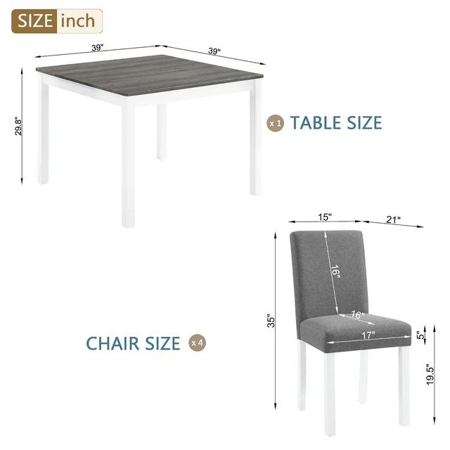 Alt view image 3 of 7 - Counter Height Dining Table Set with Chairs for 4, Wood 5 Piece Kitchen Table Set for Small Space, Square Table and Upholstered Chairs, Grey+White, 39X39X29.8INCH