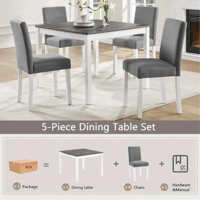 Alt view image 4 of 7 - Counter Height Dining Table Set with Chairs for 4, Wood 5 Piece Kitchen Table Set for Small Space, Square Table and Upholstered Chairs, Grey+White, 39X39X29.8INCH
