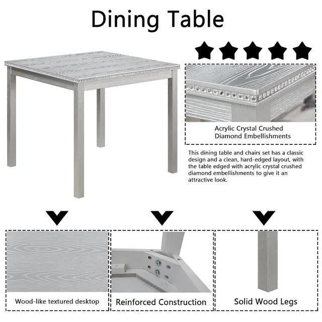 Alt view image 4 of 6 - Counter Height Dining Table Set with Chairs for 4, Wood 5 Piece Kitchen Table Set for Small Space, Square Table and Upholstered Chairs, Silver Grey, 34.5X34.5X30INCH