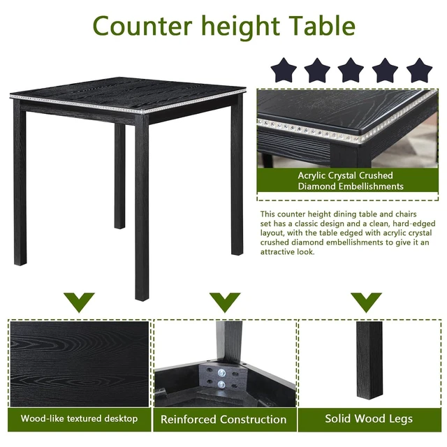 Alt view image 5 of 7 - Counter Height Dining Table Set with Chairs for 4, Wood 5 Piece Kitchen Table Set for Small Space, Square Table and Upholstered Chairs, Black, 34.5X34.5X36INCH