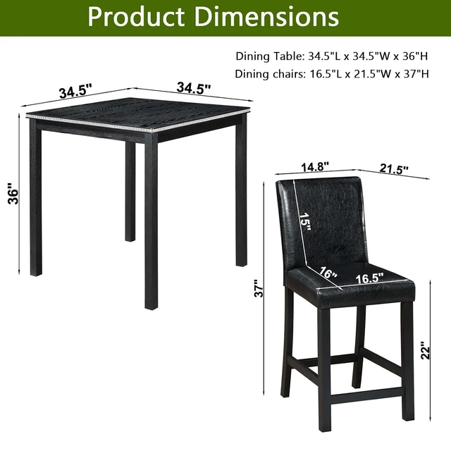 Alt view image 3 of 7 - Counter Height Dining Table Set with Chairs for 4, Wood 5 Piece Kitchen Table Set for Small Space, Square Table and Upholstered Chairs, Black, 34.5X34.5X36INCH