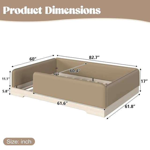 Alt view image 2 of 7 - Kids Upholstered Low Bed Frame with Removable Guardrails, Montessori Floor Bed & Kids Daybed for Boys Girls, Queen Size, Brown