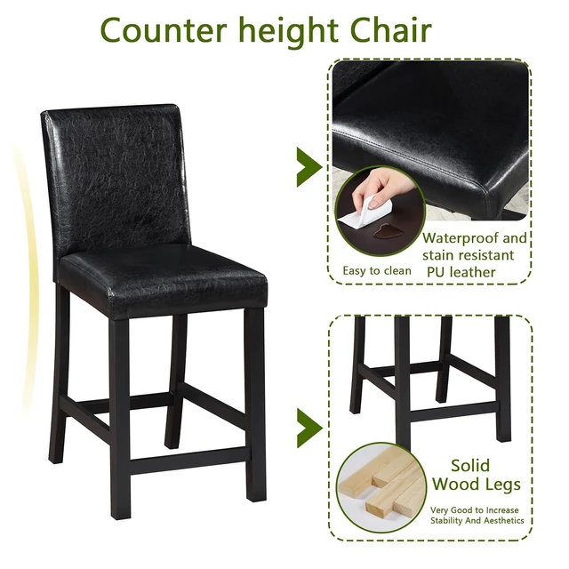 Alt view image 7 of 7 - Counter Height Dining Table Set with Chairs for 4, Wood 5 Piece Kitchen Table Set for Small Space, Square Table and Upholstered Chairs, Black, 34.5X34.5X36INCH
