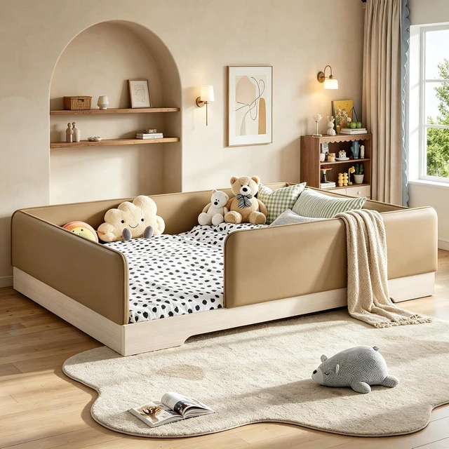 Alt view image 3 of 7 - Kids Upholstered Low Bed Frame with Removable Guardrails, Montessori Floor Bed & Kids Daybed for Boys Girls, Queen Size, Brown