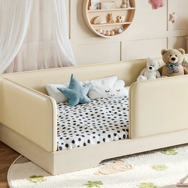 Alt view image 3 of 7 - Kids Upholstered Low Bed Frame with Removable Guardrails, Montessori Floor Bed & Kids Daybed for Boys Girls, Twin Size, Beige