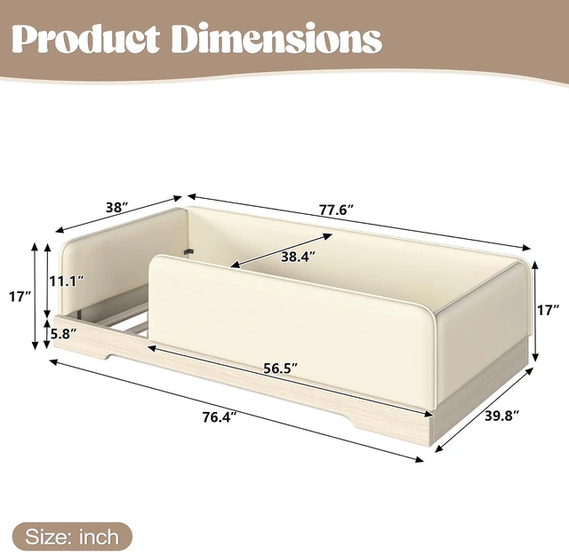 Alt view image 2 of 7 - Kids Upholstered Low Bed Frame with Removable Guardrails, Montessori Floor Bed & Kids Daybed for Boys Girls, Twin Size, Beige