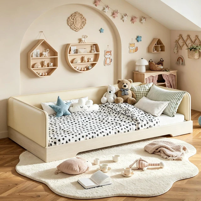 Main image of Kids Upholstered Low Bed Frame with Removable Guardrails, Montessori Floor Bed & Kids Daybed for Boys Girls, Twin Size, Beige