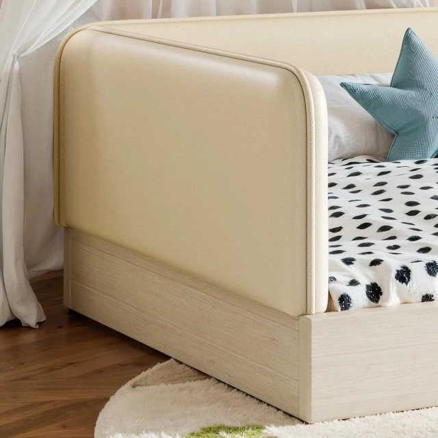 Alt view image 4 of 7 - Kids Upholstered Low Bed Frame with Removable Guardrails, Montessori Floor Bed & Kids Daybed for Boys Girls, Twin Size, Beige
