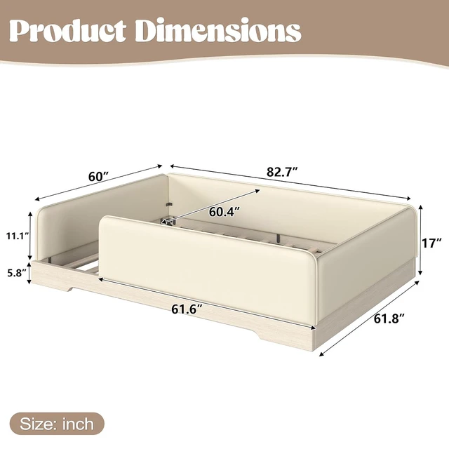 Alt view image 2 of 7 - Kids Upholstered Low Bed Frame with Removable Guardrails, Montessori Floor Bed & Kids Daybed for Boys Girls, Queen Size, Beige