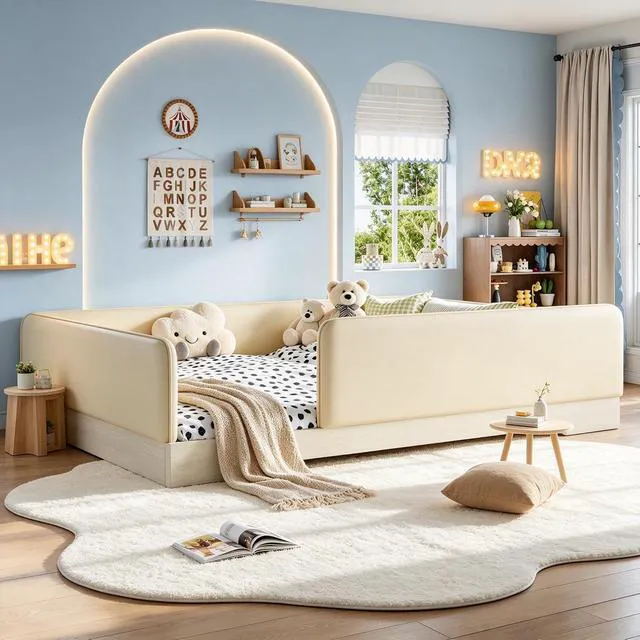 Alt view image 3 of 7 - Kids Upholstered Low Bed Frame with Removable Guardrails, Montessori Floor Bed & Kids Daybed for Boys Girls, Queen Size, Beige