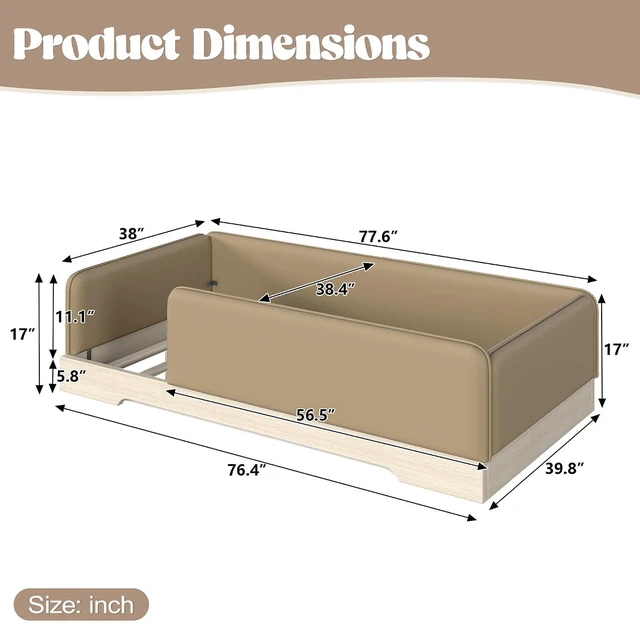 Alt view image 2 of 7 - Kids Upholstered Low Bed Frame with Removable Guardrails, Montessori Floor Bed & Kids Daybed for Boys Girls, Twin Size, Brown