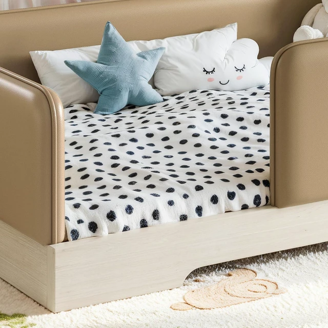 Alt view image 3 of 7 - Kids Upholstered Low Bed Frame with Removable Guardrails, Montessori Floor Bed & Kids Daybed for Boys Girls, Twin Size, Brown