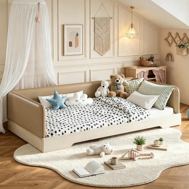 Main image of Kids Upholstered Low Bed Frame with Removable Guardrails, Montessori Floor Bed & Kids Daybed for Boys Girls, Twin Size, Brown