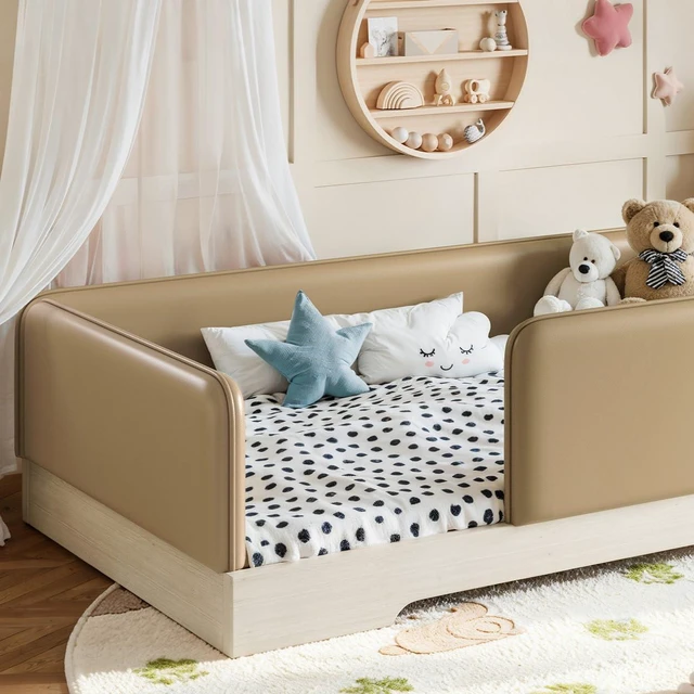 Alt view image 5 of 7 - Kids Upholstered Low Bed Frame with Removable Guardrails, Montessori Floor Bed & Kids Daybed for Boys Girls, Twin Size, Brown