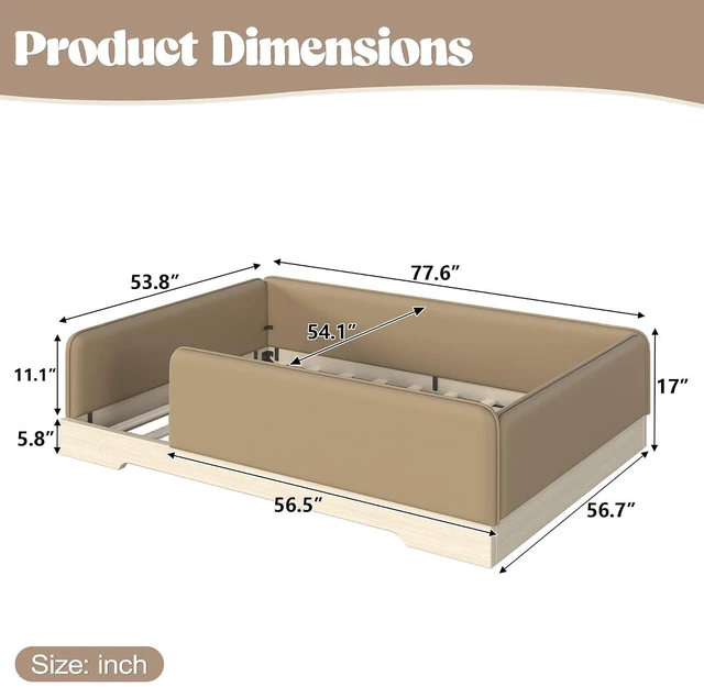 Alt view image 2 of 7 - Kids Upholstered Low Bed Frame with Removable Guardrails, Montessori Floor Bed & Kids Daybed for Boys Girls, Full Size, Brown