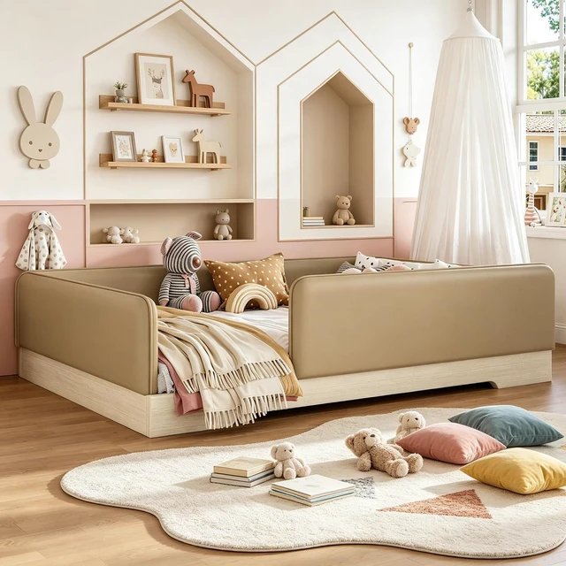 Alt view image 3 of 7 - Kids Upholstered Low Bed Frame with Removable Guardrails, Montessori Floor Bed & Kids Daybed for Boys Girls, Full Size, Brown