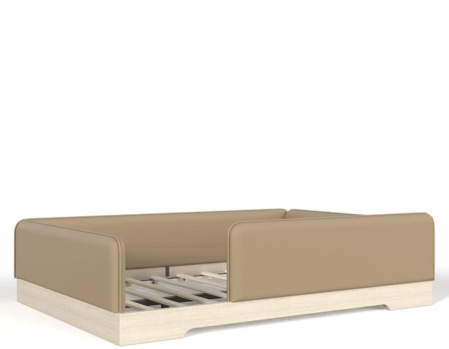 Alt view image 7 of 7 - Kids Upholstered Low Bed Frame with Removable Guardrails, Montessori Floor Bed & Kids Daybed for Boys Girls, Full Size, Brown