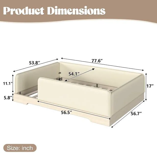 Alt view image 2 of 7 - Kids Upholstered Low Bed Frame with Removable Guardrails, Montessori Floor Bed & Kids Daybed for Boys Girls, Full Size, Beige