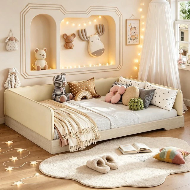 Alt view image 3 of 7 - Kids Upholstered Low Bed Frame with Removable Guardrails, Montessori Floor Bed & Kids Daybed for Boys Girls, Full Size, Beige