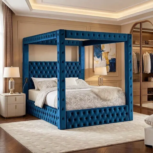 Main image of Velvet Canopy Bed Frame Queen with USB-A & USB-C Charging Ports, Blue
