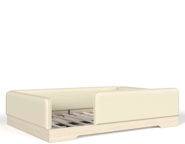 Alt view image 7 of 7 - Kids Upholstered Low Bed Frame with Removable Guardrails, Montessori Floor Bed & Kids Daybed for Boys Girls, Full Size, Beige