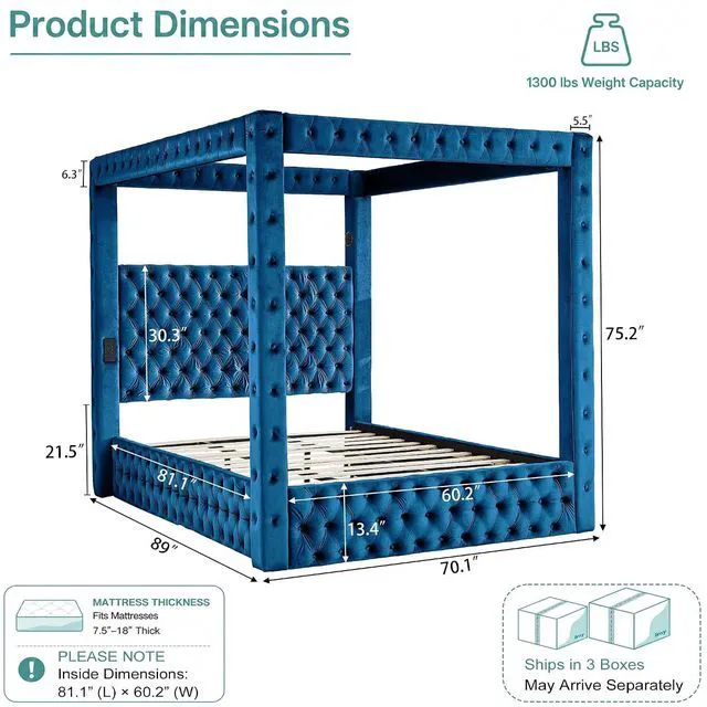 Alt view image 2 of 7 - Velvet Canopy Bed Frame Queen with USB-A & USB-C Charging Ports, Blue