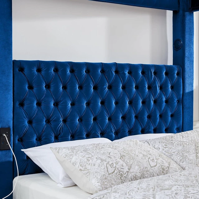 Alt view image 5 of 7 - Velvet Canopy Bed Frame Queen with USB-A & USB-C Charging Ports, Blue