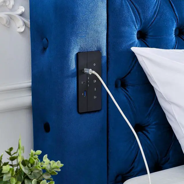 Alt view image 4 of 7 - Velvet Canopy Bed Frame Queen with USB-A & USB-C Charging Ports, Blue