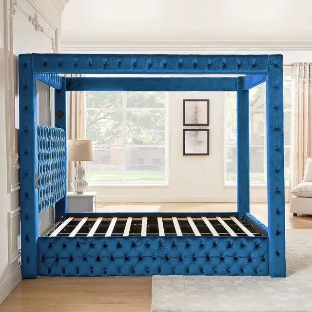 Alt view image 7 of 7 - Velvet Canopy Bed Frame Queen with USB-A & USB-C Charging Ports, Blue