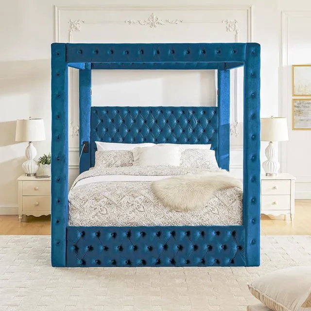 Alt view image 6 of 7 - Velvet Canopy Bed Frame Queen with USB-A & USB-C Charging Ports, Blue