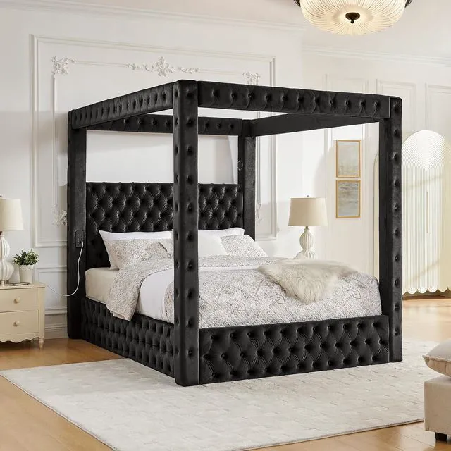 Main image of Queen Canopy Platform Bed Frame with USB-A & USB-C Charging Ports, Black